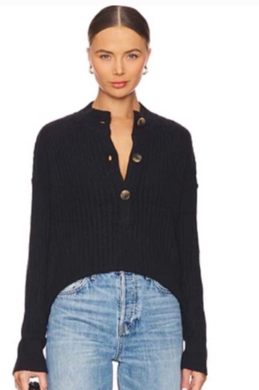 Free People Women's Cocoa Henley Pullover Sweater Black Relax Soft Sz L - Picture 1 of 13